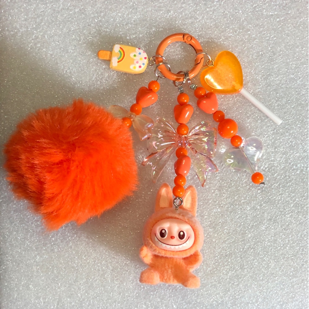 Custom Labubu Keychain ORANGE Flocked Fuzzy +Resin Candy Charms 4”